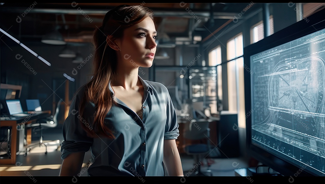 Mulher jovem inteligente mexendo em computadores tecnológico