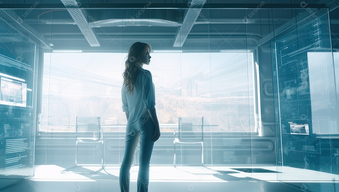 Mulher jovem inteligente mexendo em computadores tecnológico