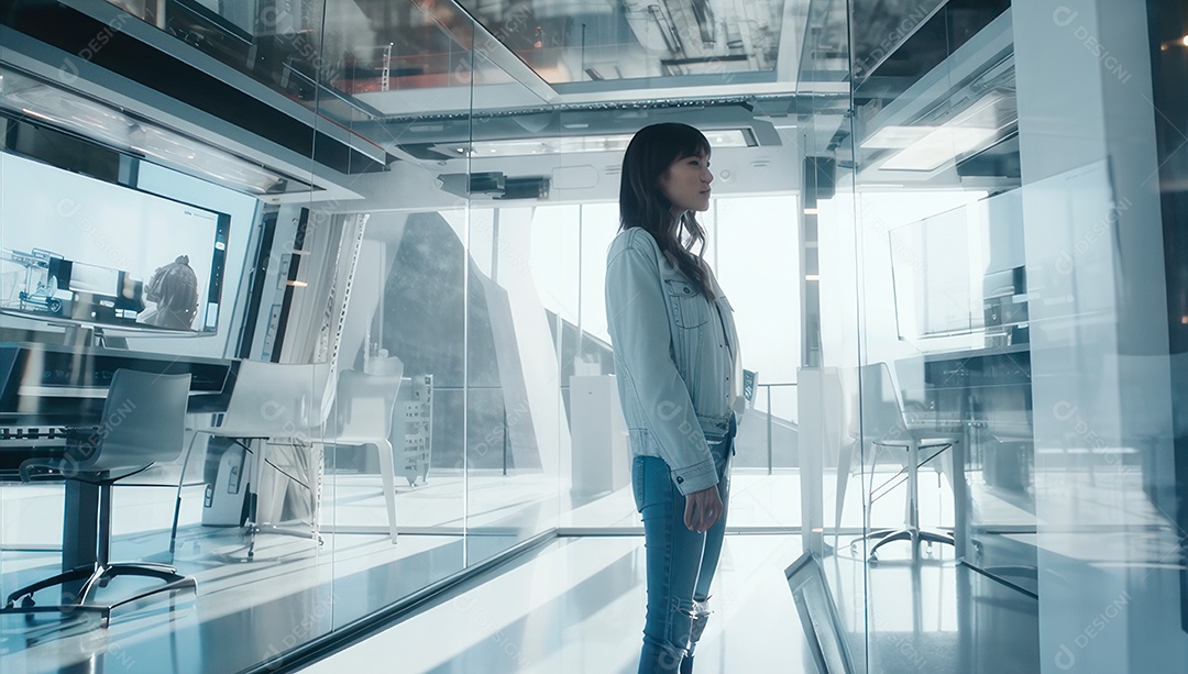 Mulher jovem inteligente mexendo em computadores tecnológico