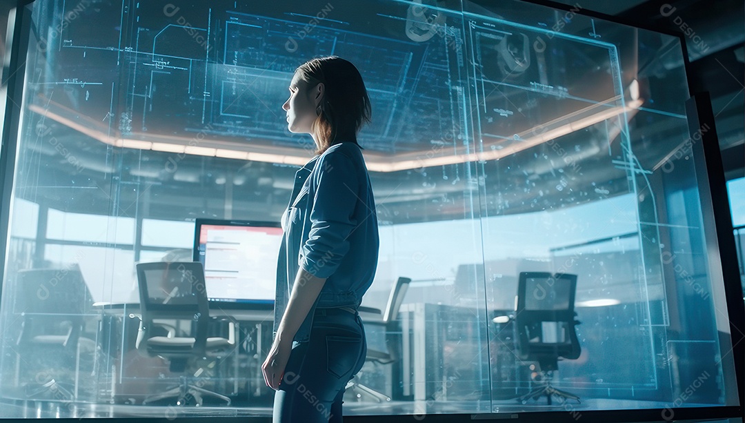 Mulher jovem inteligente mexendo em computadores tecnológico