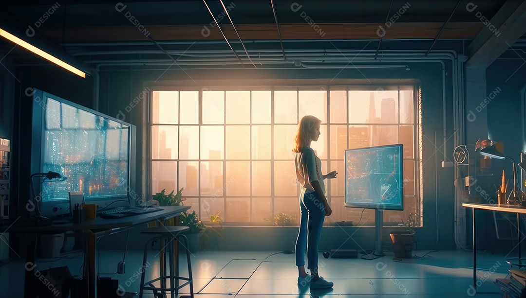 Mulher jovem inteligente mexendo em computadores tecnológico