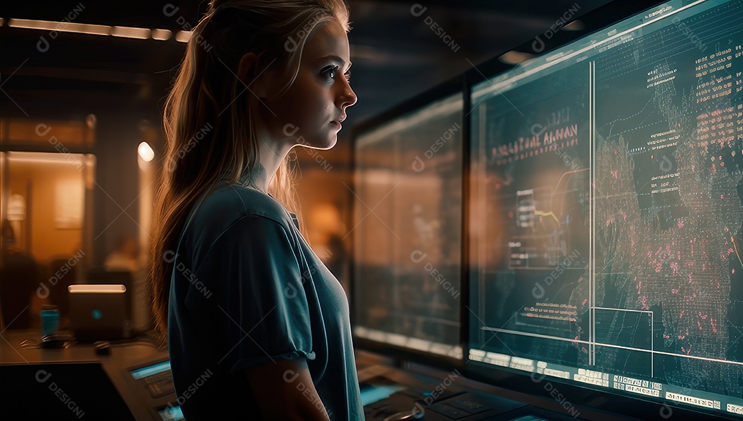 Mulher jovem inteligente mexendo em computadores tecnológico