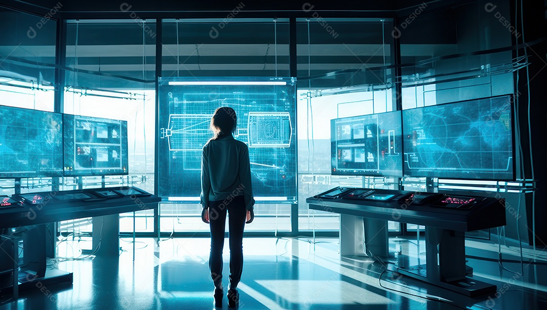 Mulher jovem inteligente mexendo em computadores tecnológico