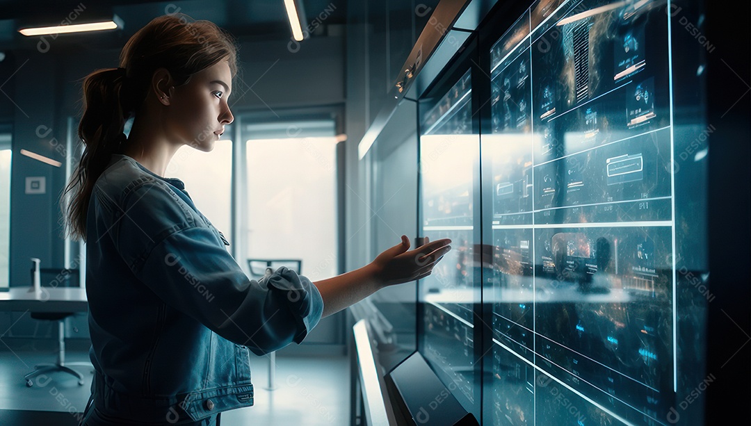 Mulher jovem inteligente mexendo em computadores tecnológico