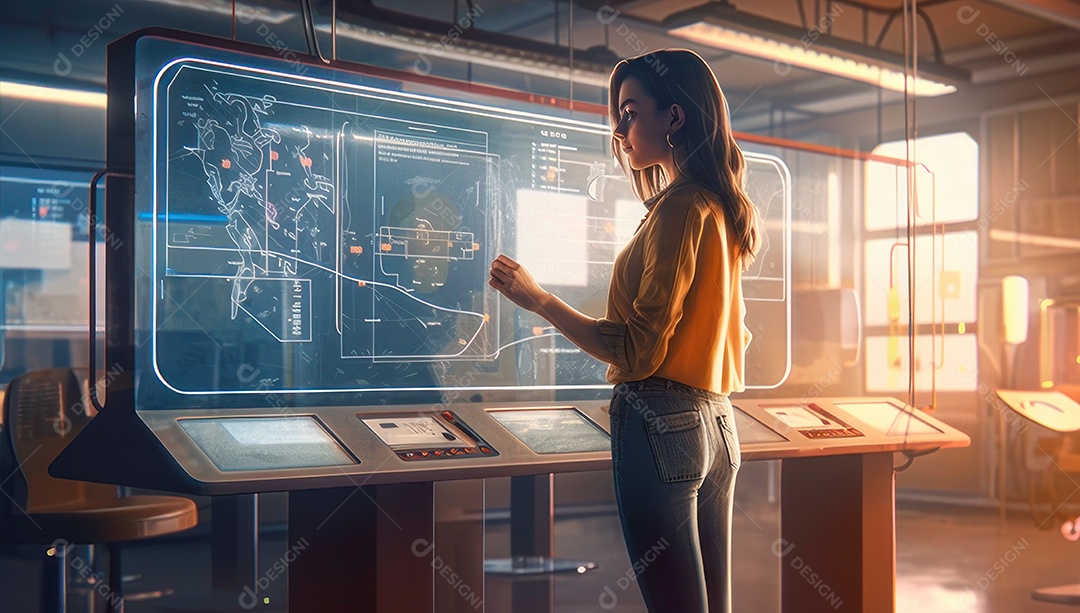 Mulher jovem inteligente mexendo em computadores tecnológico