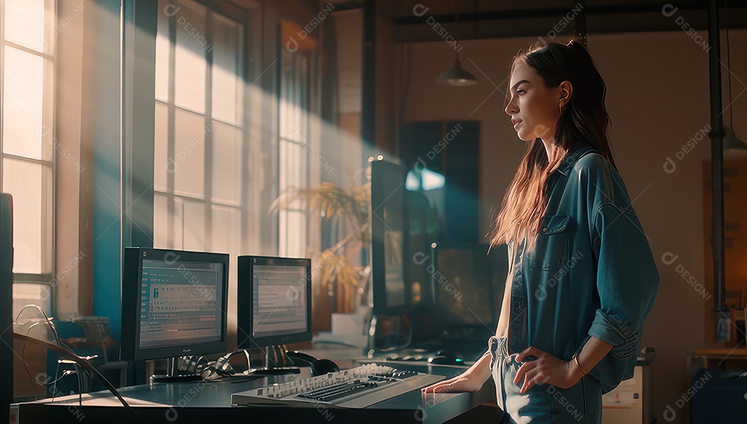 Mulher jovem inteligente mexendo em computadores tecnológico