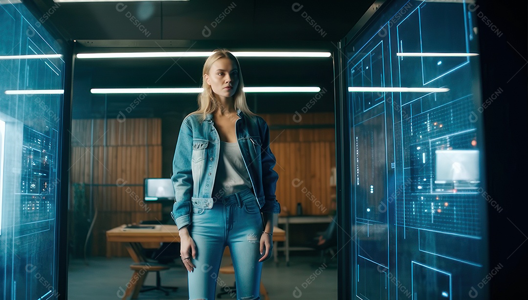 Mulher jovem inteligente mexendo em computadores tecnológico