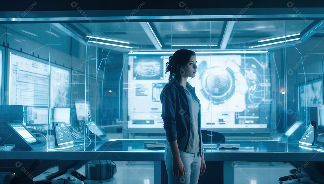 Mulher jovem inteligente mexendo em computadores tecnológico