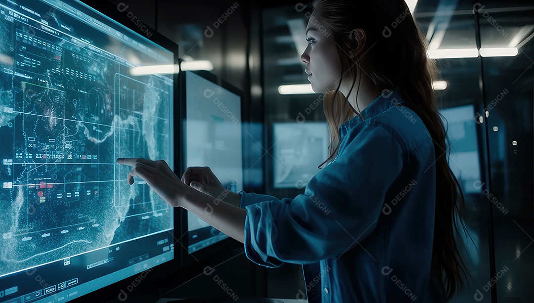 Mulher jovem inteligente mexendo em computadores tecnológico