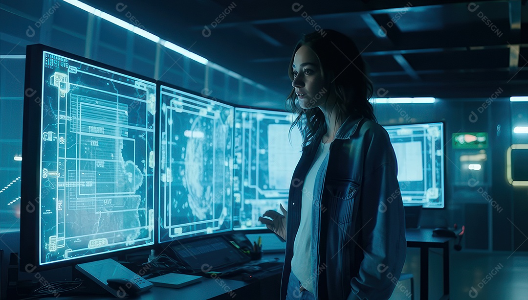 Mulher jovem inteligente mexendo em computadores tecnológico