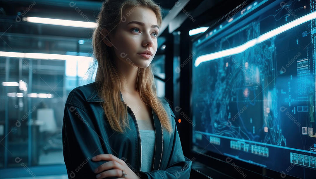 Mulher jovem inteligente mexendo em computadores tecnológico