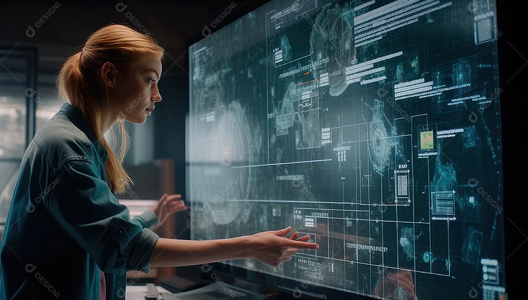 Mulher jovem inteligente mexendo em computadores tecnológico