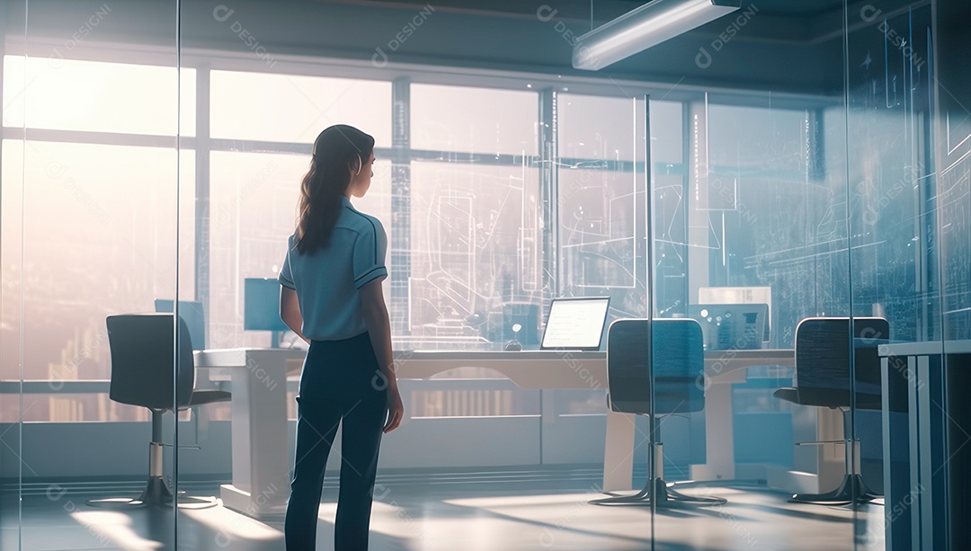 Mulher jovem inteligente mexendo em computadores tecnológico