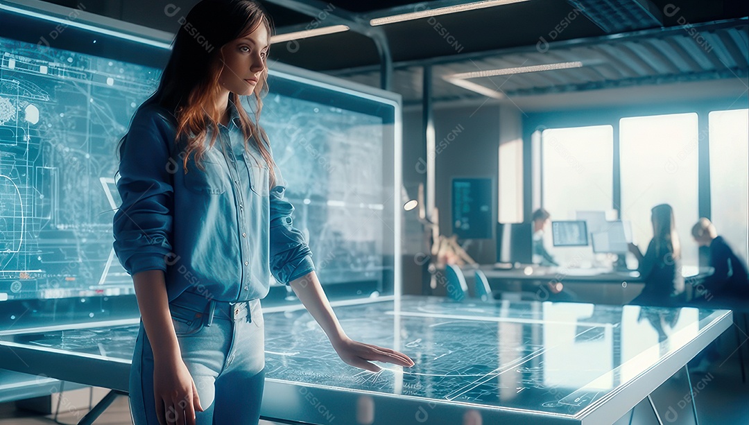 Mulher jovem inteligente mexendo em computadores tecnológico