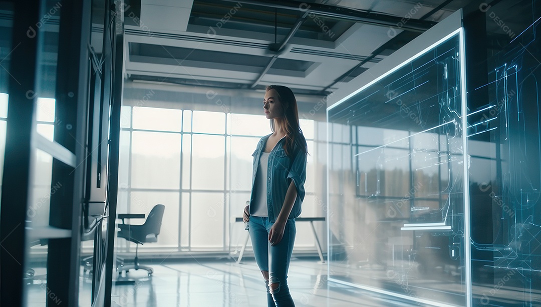 Mulher jovem inteligente mexendo em computadores tecnológico