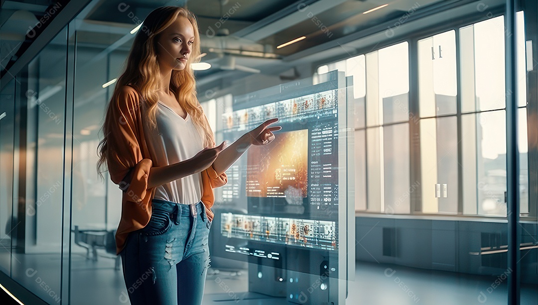 Mulher jovem inteligente mexendo em computadores tecnológico