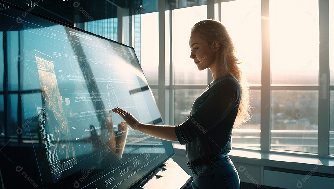 Mulher jovem inteligente mexendo em computadores tecnológico