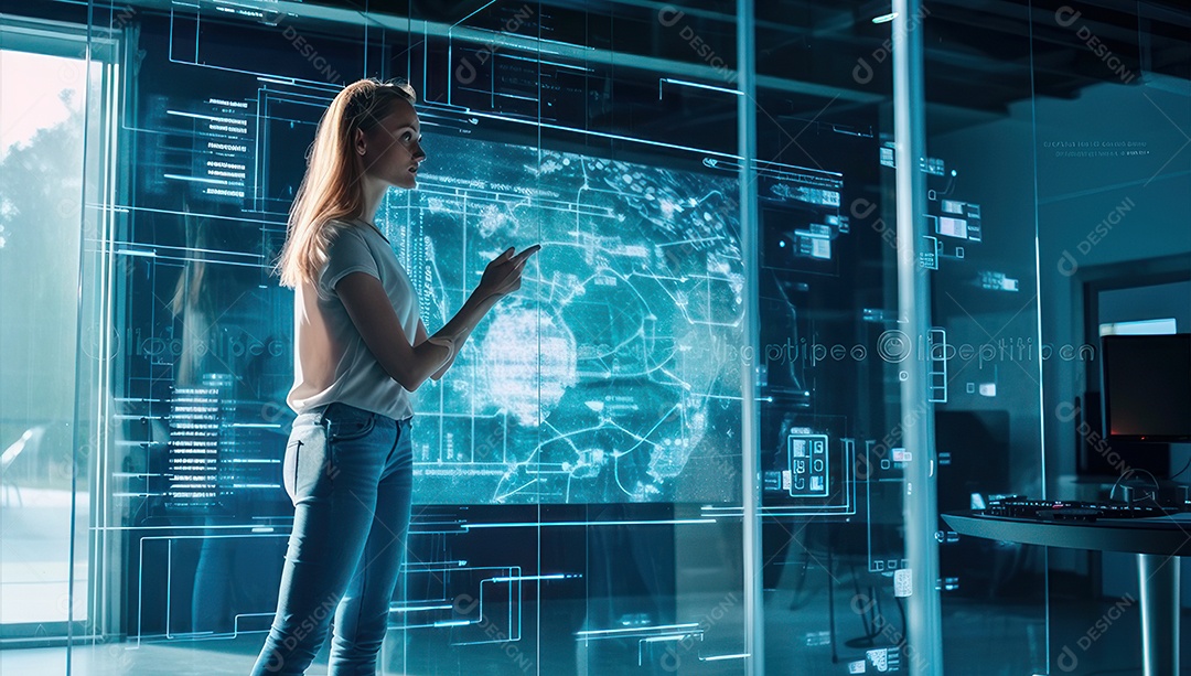 Mulher jovem inteligente mexendo em computadores tecnológico