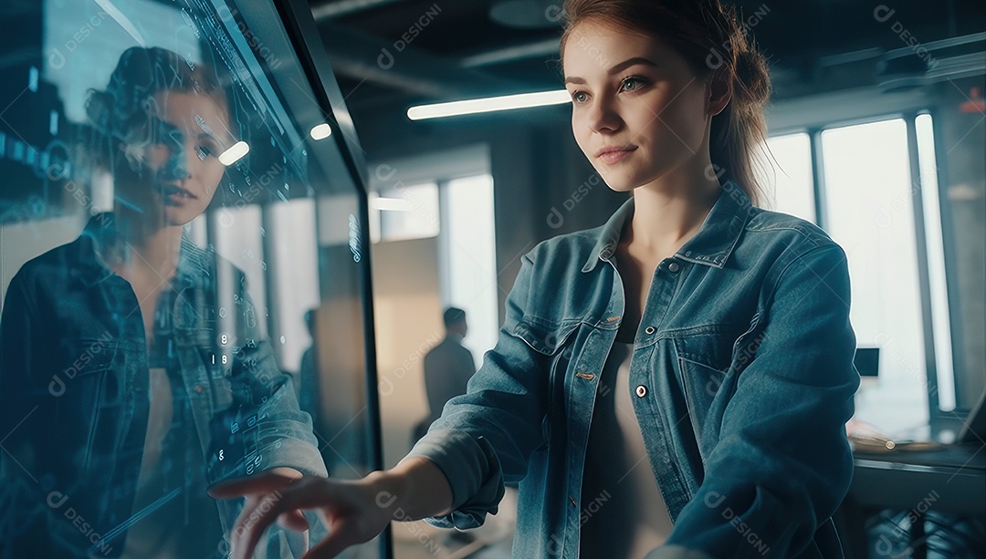 Mulher jovem inteligente mexendo em computadores tecnológico