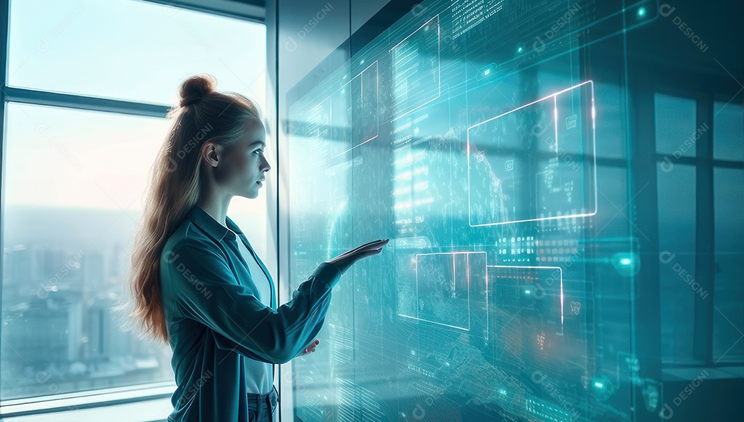 Mulher jovem inteligente mexendo em computadores tecnológico