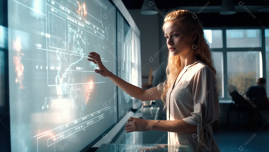 Mulher jovem inteligente mexendo em computadores tecnológico