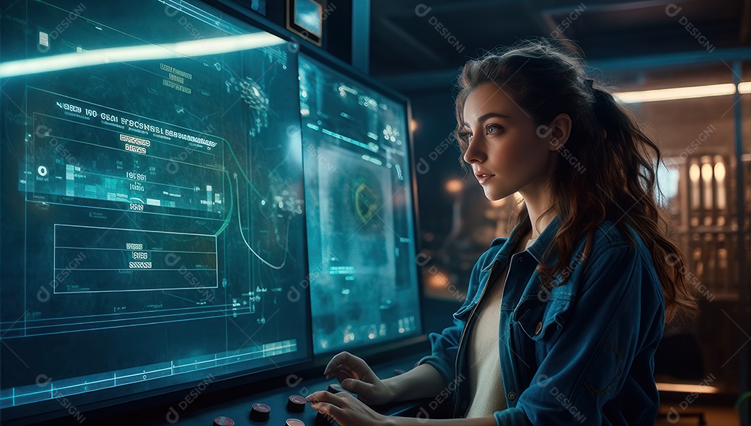 Mulher jovem inteligente mexendo em computadores tecnológico