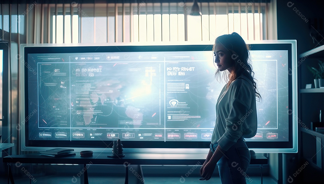 Mulher jovem inteligente mexendo em computadores tecnológico