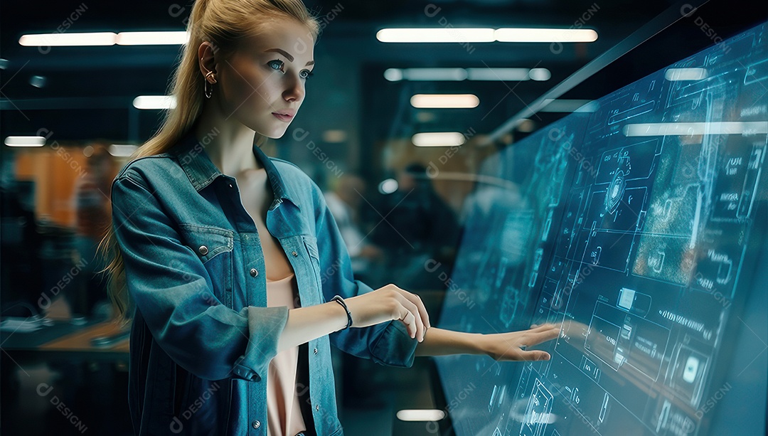 Mulher jovem inteligente mexendo em computadores tecnológico