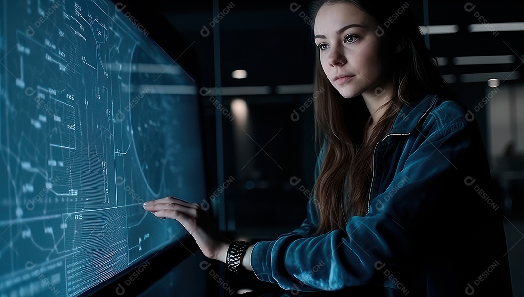 Mulher jovem inteligente mexendo em computadores tecnológico