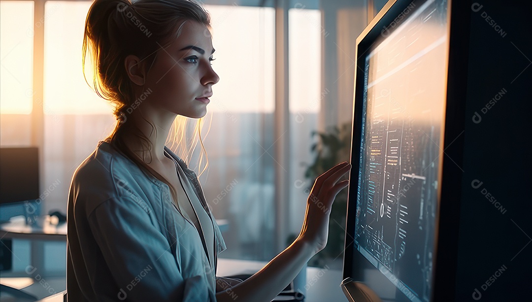 Mulher jovem inteligente mexendo em computadores tecnológico