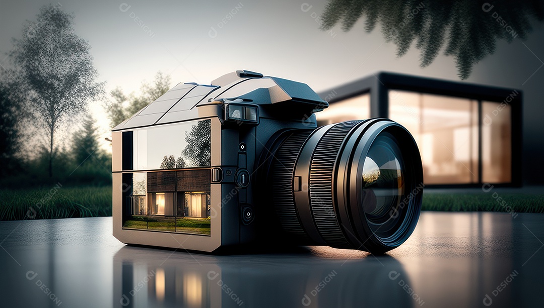 Câmera fotográfica sobre uma mesa de madeira