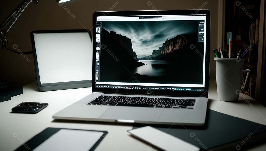 Mesa de escritório sobre essa mesa um notebook