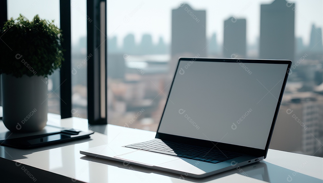 Mesa de escritório sobre essa mesa um notebook