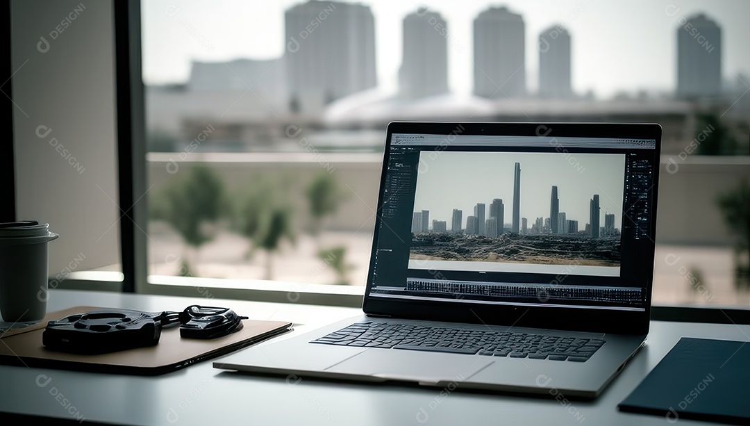 Mesa de escritório sobre essa mesa um notebook