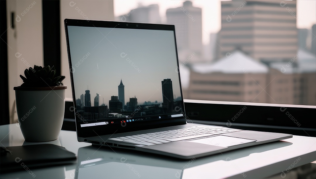 Mesa de escritório sobre essa mesa um notebook