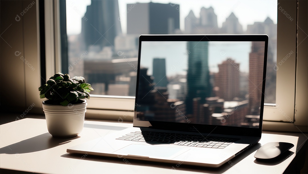 Mesa de escritório sobre essa mesa um notebook