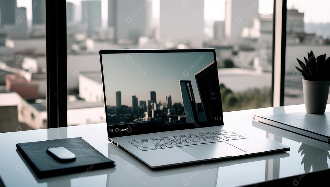 Mesa de escritório sobre essa mesa um notebook