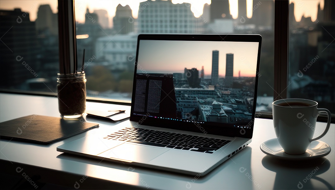 Mesa de escritório sobre essa mesa um notebook