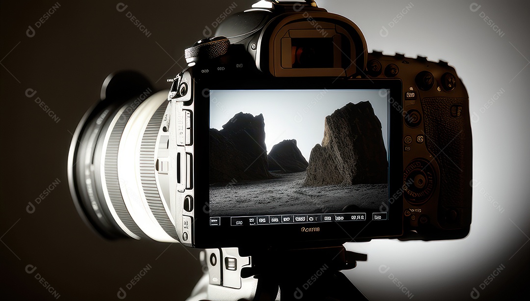 Câmera fotográfica sobre uma mesa de madeira