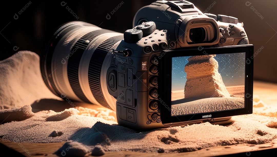 Câmera fotográfica sobre uma mesa de madeira