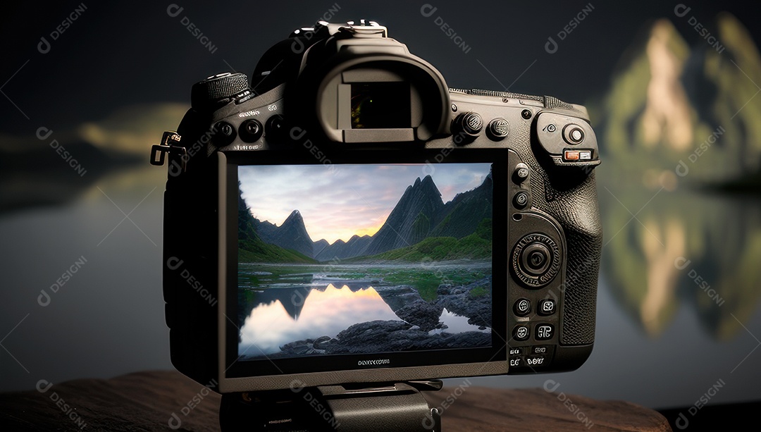 Câmera fotográfica sobre uma mesa de madeira
