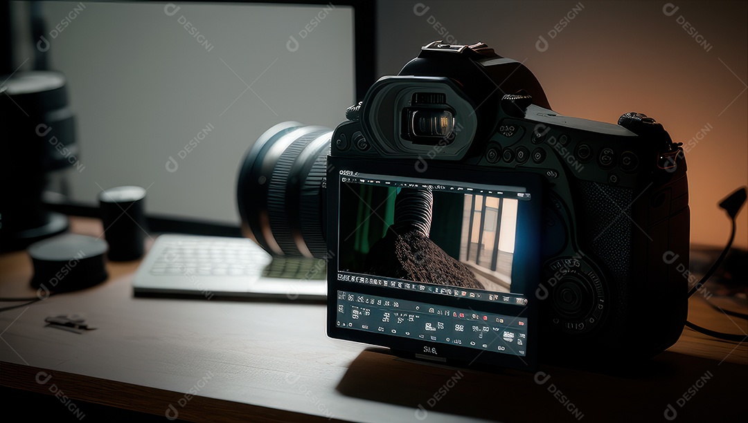 Câmera fotográfica sobre uma mesa de madeira