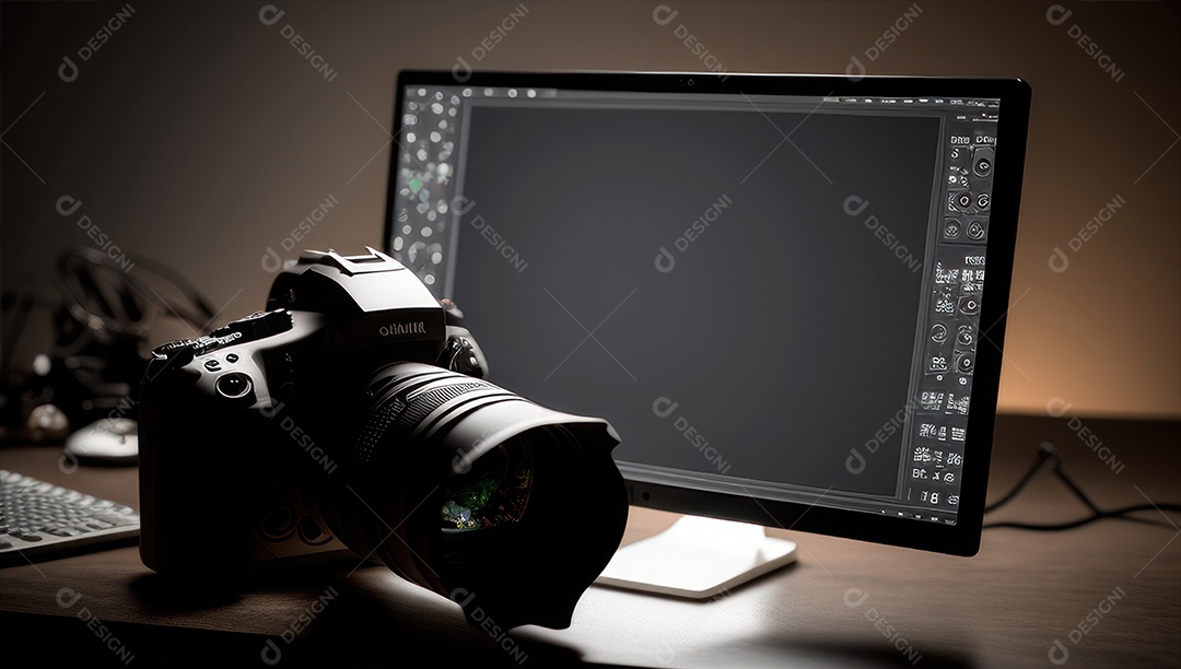 Câmera fotográfica sobre uma mesa de madeira