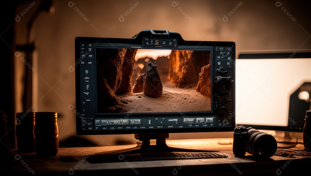 Câmera fotográfica sobre uma mesa de madeira