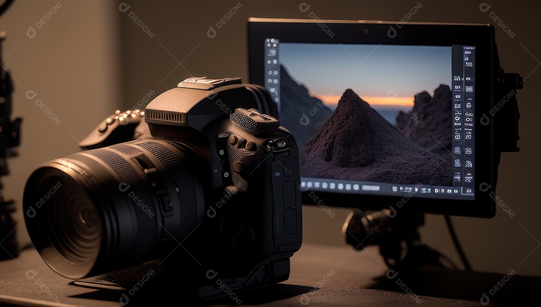 Câmera fotográfica sobre uma mesa de madeira