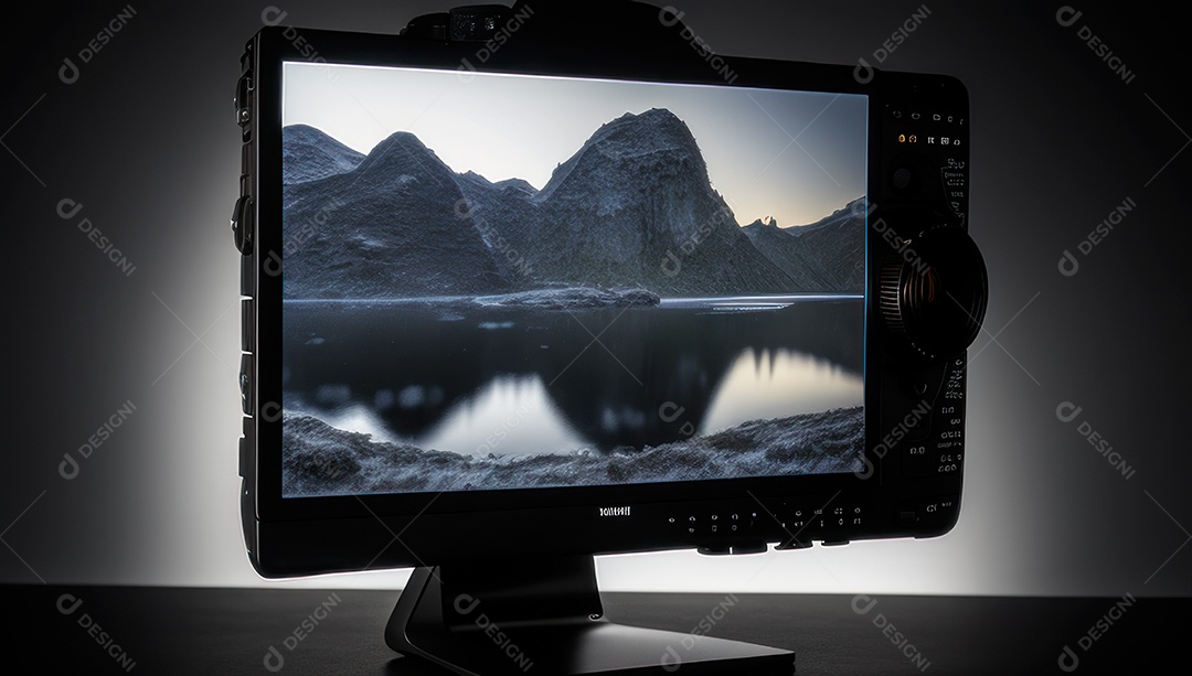 Câmera fotográfica sobre uma mesa de madeira