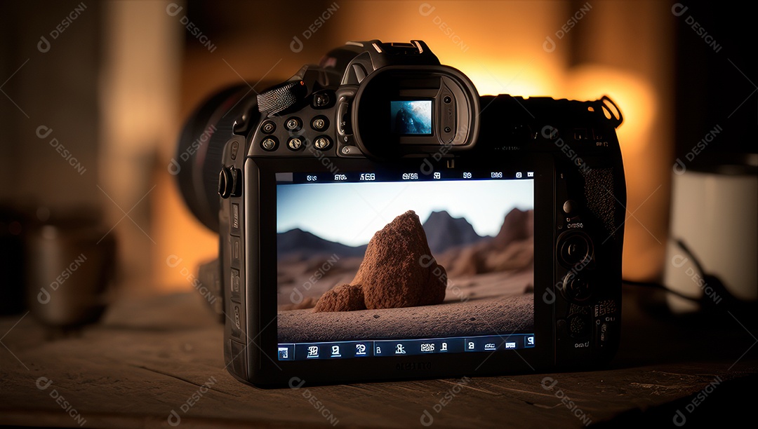 Câmera fotográfica sobre uma mesa de madeira