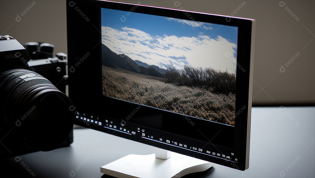 Câmera fotográfica sobre uma mesa de madeira