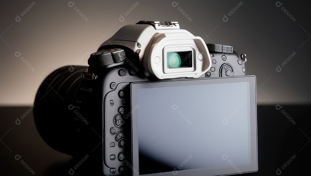 Câmera fotográfica sobre uma mesa de madeira