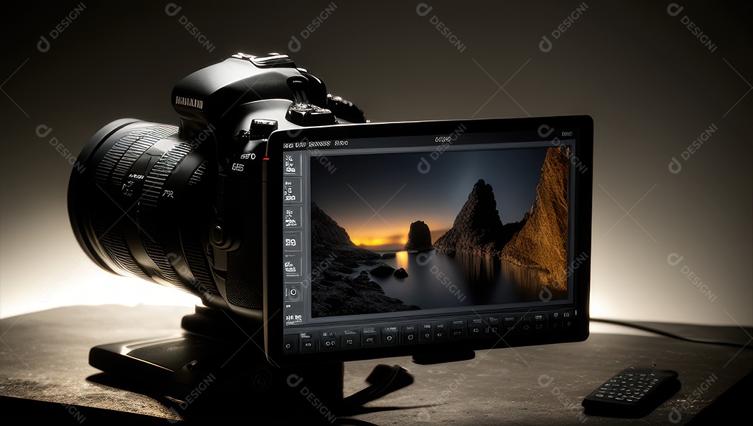 Câmera fotográfica sobre uma mesa de madeira